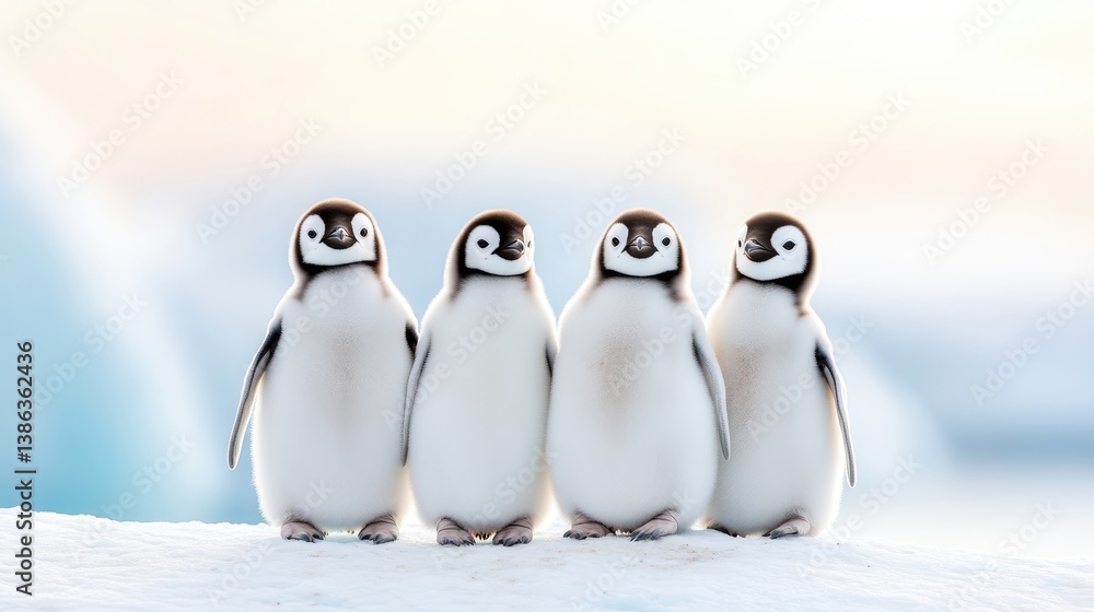 Obraz premium Four cute baby penguin chicks stand side by side on a snowy field against a soft, bright winter background.