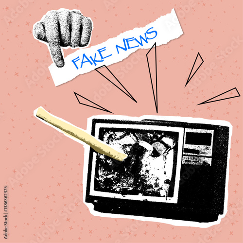 Fake news. Hammer smashed TV monitor on white background. TV damage. Hammer hit TV. Broken TV on pink background.
