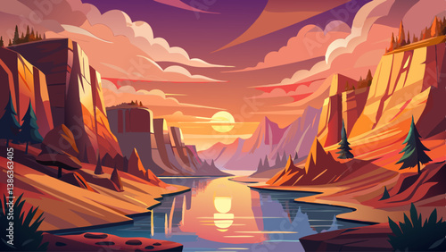 A peaceful canyon scene at sunset, with warm orange and pink hues reflecting off the cliffs