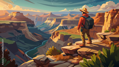 A hiker standing on the edge of a grand canyon, overlooking the vast wilderness below