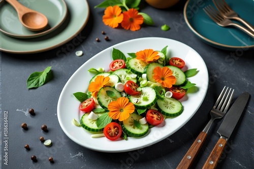 Wallpaper Mural Delicious and healthy cucumber and tomato salad with edible flowers. Perfect for a light lunch or dinner. Torontodigital.ca