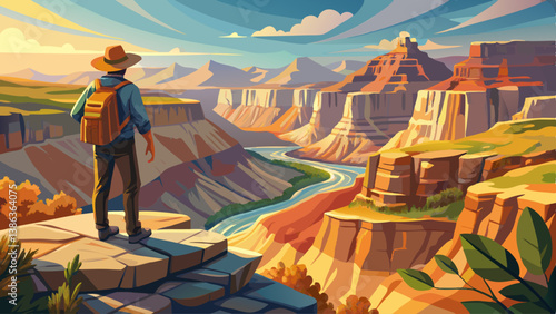 A hiker standing on the edge of a grand canyon, overlooking the vast wilderness below