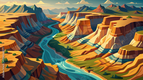 Aerial view of a canyon with a snaking river cutting through the rugged terrain
