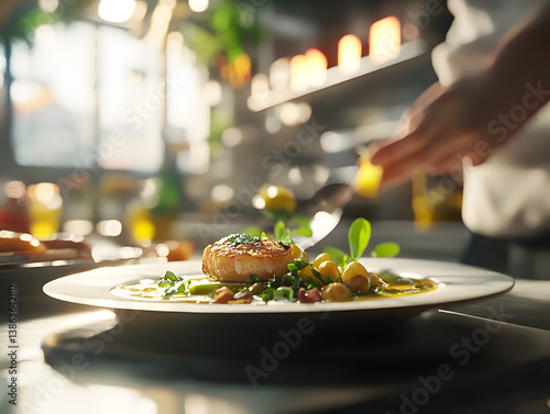 Chef plating gourmet dish in restaurant