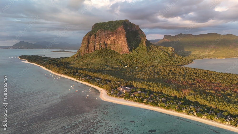 Obraz premium Aerial view of Le Morne Peninsula and sea lagoon formed by coral reefs, Mauritius Island, Africa, Indian Ocean 