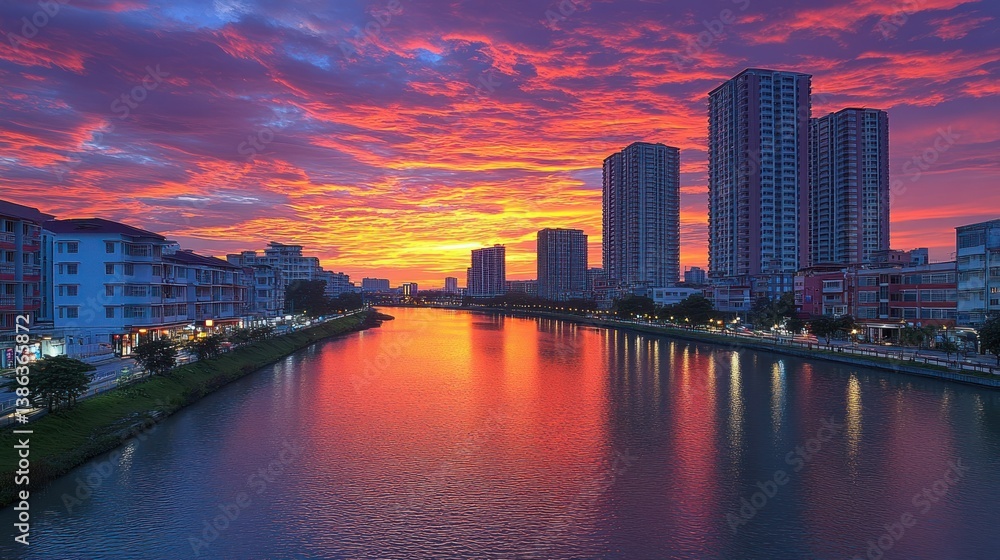 Fototapeta premium Fiery Sunset Over City Canal