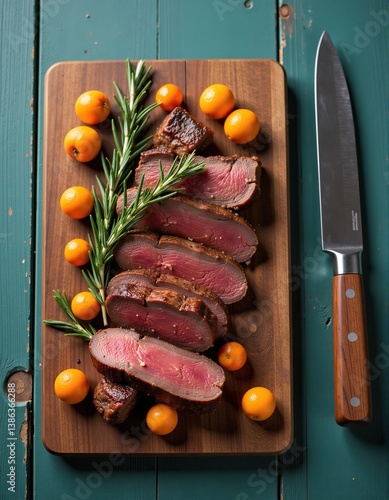 Close-up overhead shot of sliced roasted meat on a wooden board with kumquats and rosemary.