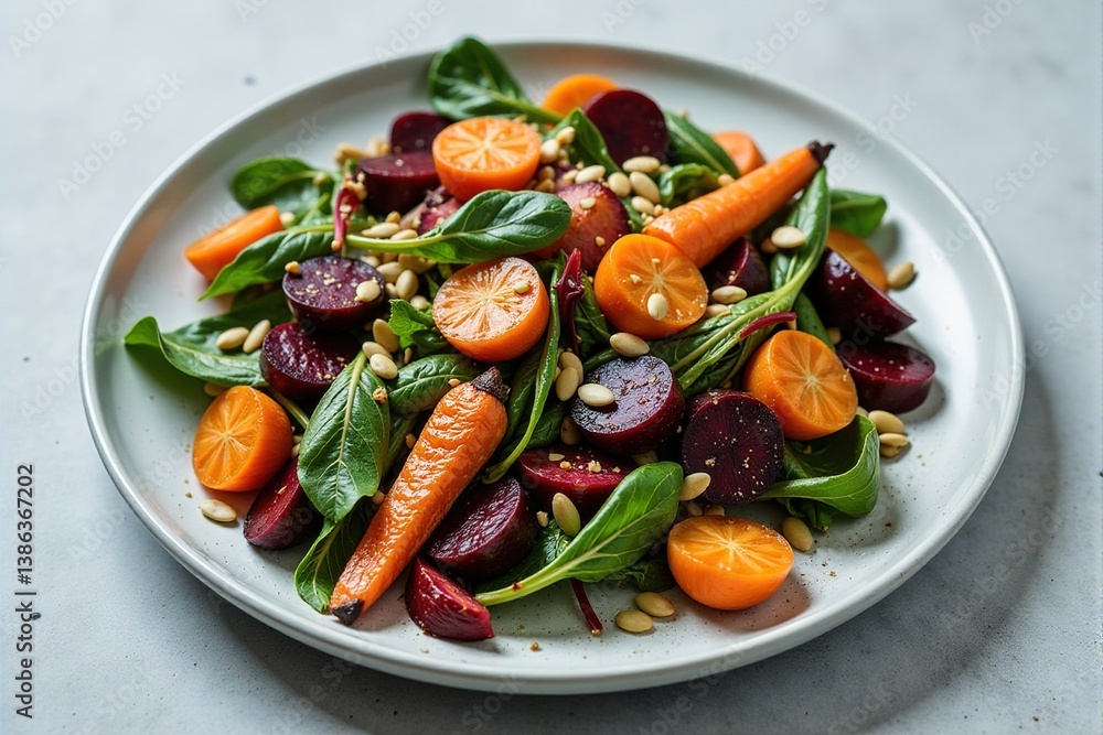 Vibrant and healthy salad with roasted beetroot, carrots, kumquats, spinach and nuts. Perfect for a healthy lunch or dinner. Vibrant and healthy salad with roasted beetroot, carrots, kumquats, spinach and nuts. Perfect for a healthy lunch or dinner.