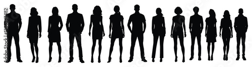 Silhouette of a diverse group of men and women standing in a row, showcasing various fashion styles and body types