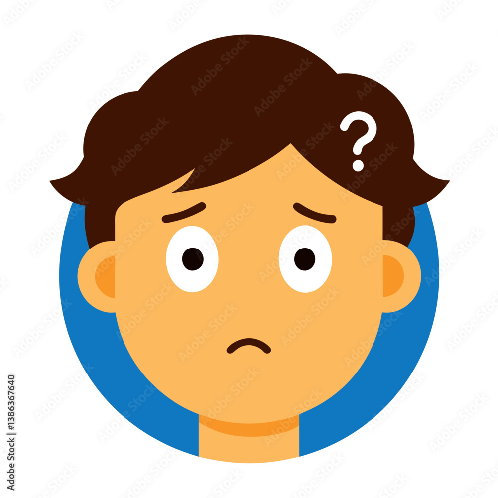 Confused Boy Face Icon with Question Mark Flat Vector Illustration
Confused Boy Face Icon with Question Mark Flat Vector Illustration