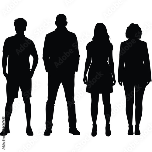 Silhouettes of four individuals standing together a man in shorts a man in pants a woman in a dress and a woman in pants