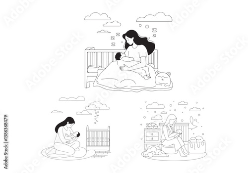 Mother comforting her baby at night, holding them lovingly and peacefully.