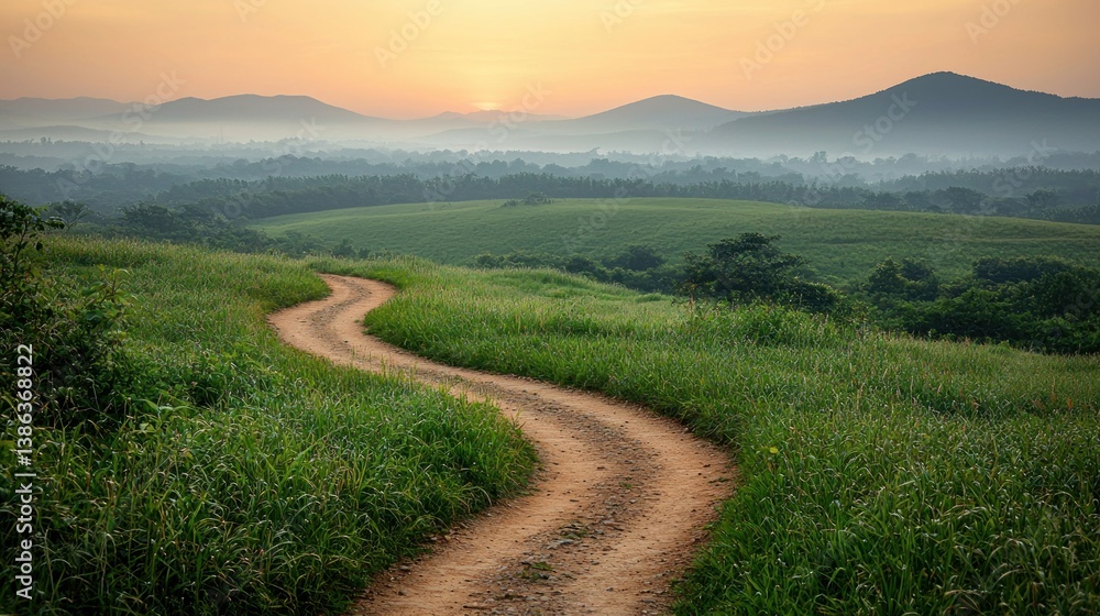 Obraz premium Serene Sunrise Over Rolling Hills and Winding Country Road