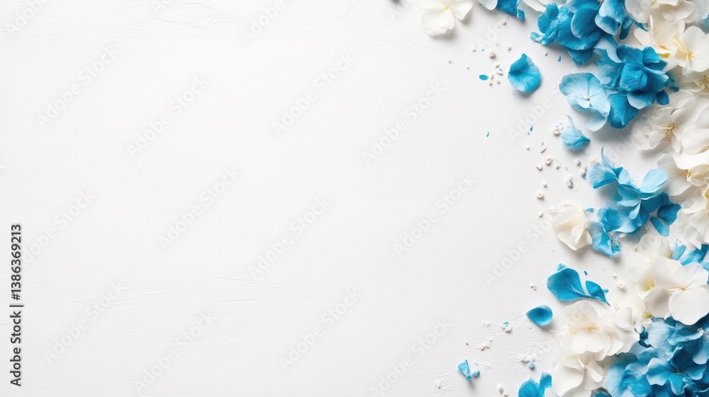 Fototapeta premium Blue and white hydrangea petals scattered on a clean white background, creating a decorative side border with copy space.
