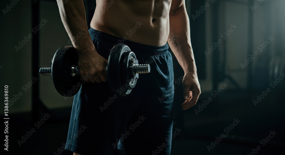 Man holding a dumbbell, showcasing strength and fitness in a gym setting Man holding a dumbbell, showcasing strength and fitness in a gym setting