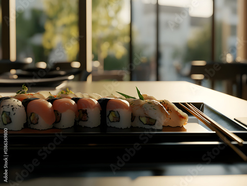 Close-up of sushi platter with chopsticks