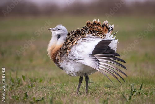 Great Bustard (Otis tarda). Otididae Male displaying in grassland with feathers puffed. Open meadow. Majestic pose captures breeding courtship ritual.