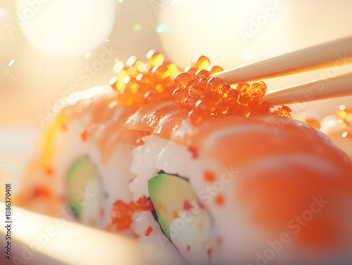Close-up of sushi platter with chopsticks