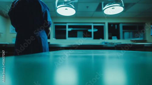 Forensic Examination Room: A chilling, yet stoic ambiance of a forensic examination room is captured, bathed in stark, cool lighting.