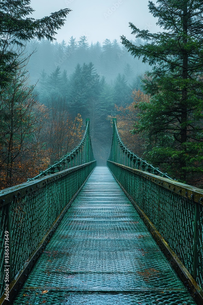 Obraz premium Misty Forest Bridge: A Serene Walk Through Nature's Embrace