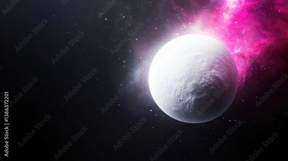 Obraz premium A realistic 3D render of a glowing white planet surrounded by a vibrant pink and magenta nebula in deep space with distant stars.