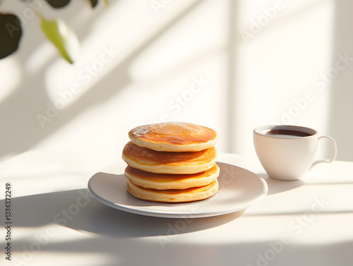 Rustic breakfast scene with pancakes and coffee