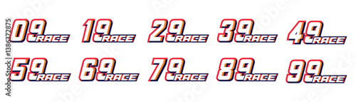 racing number set 9 to 99 with red and white color and racing text and 3d effect with white background for racing, racing jersey