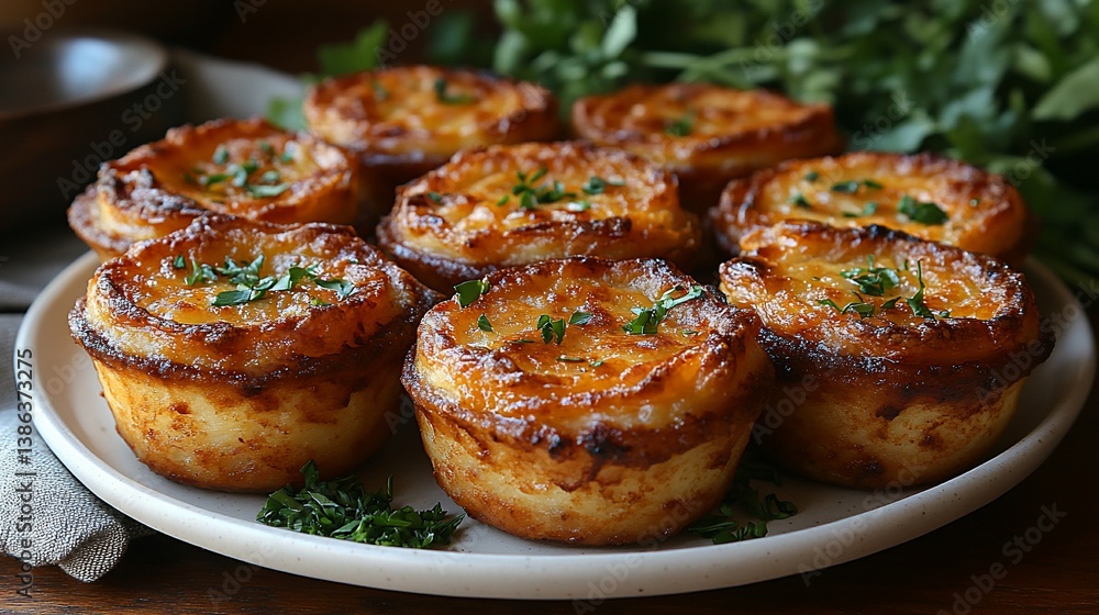 Eight golden-brown potato gratin cups on a plate. Eight golden-brown potato gratin cups on a plate.