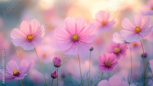 Wallpaper Mural Pink cosmos flowers sunset field, nature background, idyllic scene, greeting card Torontodigital.ca
