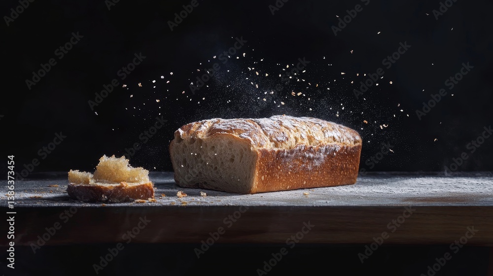 Fototapeta premium Freshly baked loaf with sprinkled crumbs on rustic wooden table