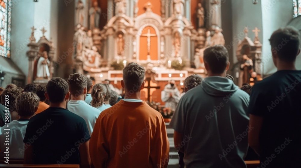 Congregation attending sunday mass in a catholic church