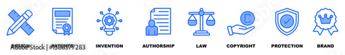 Intellectual property banner web icon vector illustration concept for trademark with icon of design, patents, discovery, authorship, law, copyright, protection, and brand