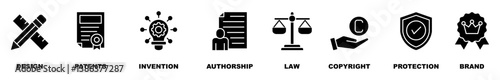 Intellectual property banner web icon vector illustration concept for trademark with icon of design, patents, discovery, authorship, law, copyright, protection, and brand
