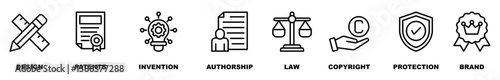 Intellectual property banner web icon vector illustration concept for trademark with icon of design, patents, discovery, authorship, law, copyright, protection, and brand