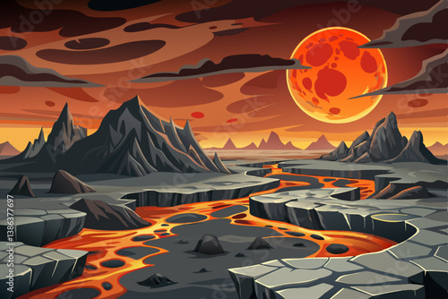 volcanic landscape with hot flowing lava and clouds, cratered rock formations