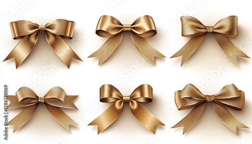 Six Golden Bows:  Elegant Collection of Realistic Satin Bows for Gift Wrapping, Design Elements, and Festive Decorations