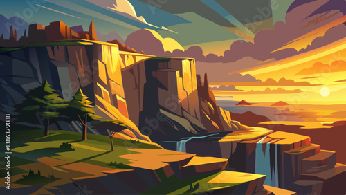 A dramatic cliffside at golden hour, glowing with warm light and casting long shadows.