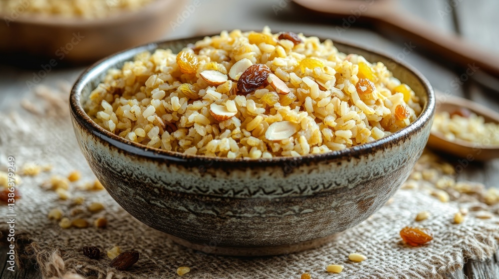Rustic bowl of bulgur with raisins and almond slices on burlap cloth Rustic bowl of bulgur with raisins and almond slices on burlap cloth