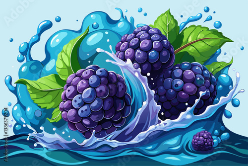vector of Close-up of blackberries splashing into water, creating a vibrant, refreshing image.