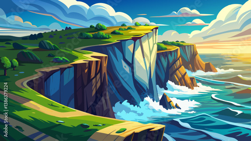 A steep ocean cliff overlooking crashing waves,