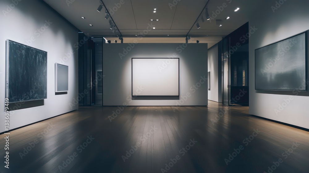 A minimalist gallery space featuring spotlights casting subtle light on dark wooden floors and grey walls. A minimalist gallery space featuring spotlights casting subtle light on dark wooden floors and grey walls.