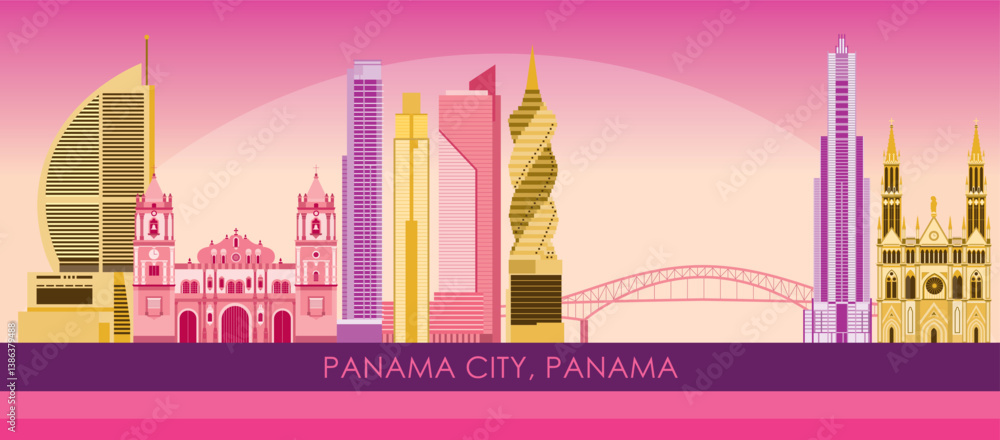 Sunset Skyline panorama of Panama city, Panama - vector illustration