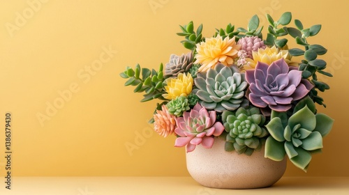 Wallpaper Mural Colorful succulent bouquet in a ceramic pot on yellow background Torontodigital.ca