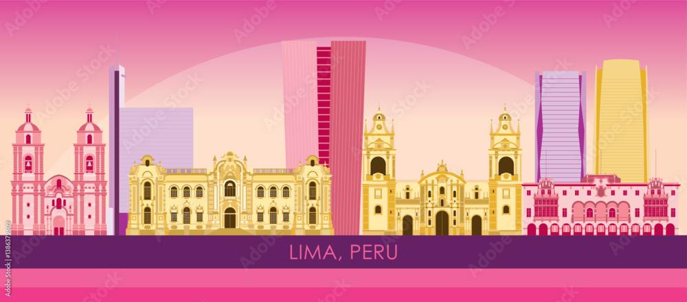 Sunset Skyline panorama of city of Lima, Peru - vector illustration