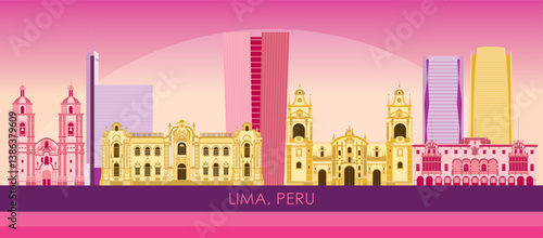 Obraz na płótnie Sunset Skyline panorama of city of Lima, Peru - vector illustration w salonie