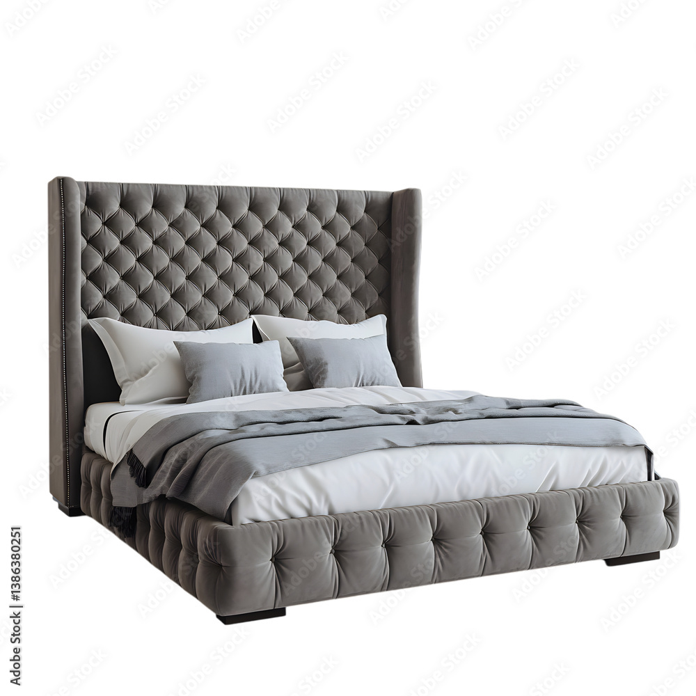 Obraz premium Upholstered Bed Frame with Tufted High Headboard Isolated on Transparent Background