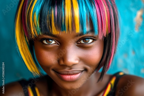 Pretty happy black girl - for ads, advertisement and internet use. Commercial promotion creative design. Short trim - multicolored hair. African short hair. African american portrait ads.