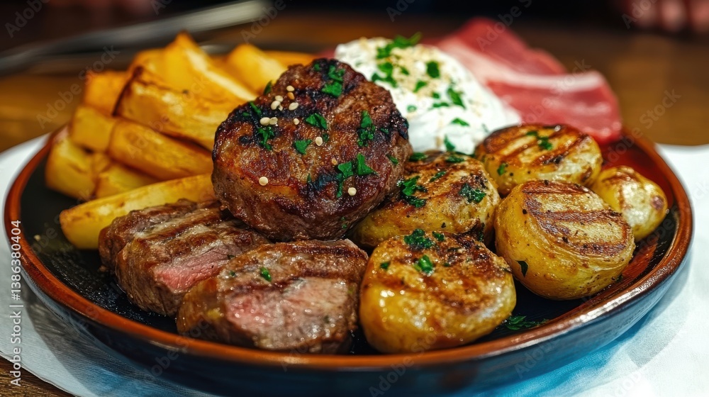 Grilled meat, roasted potatoes, fries and sauce served on a plate Grilled meat, roasted potatoes, fries and sauce served on a plate
