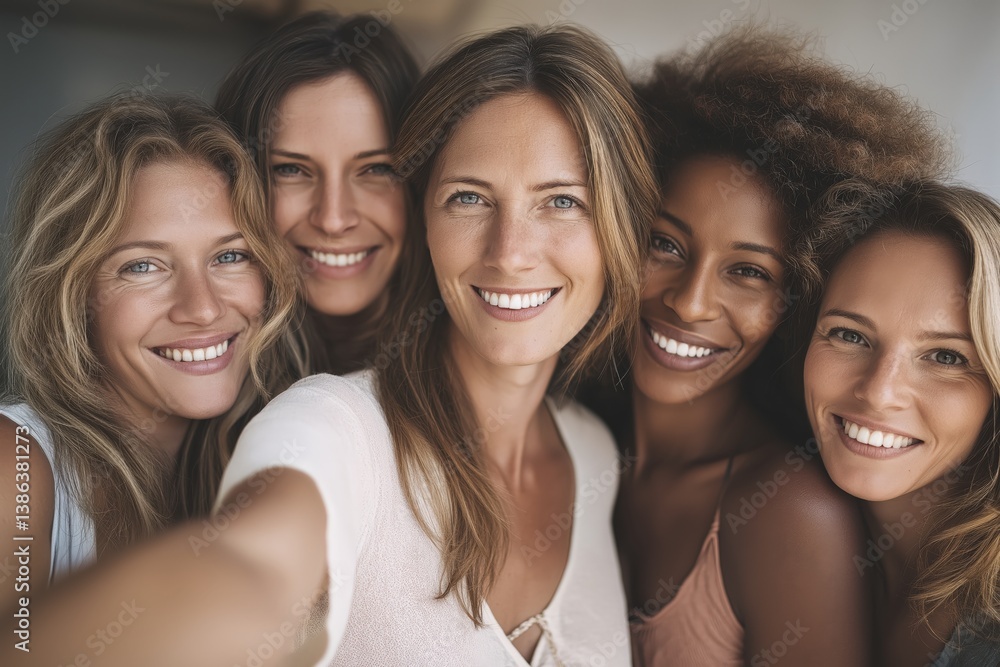 Fototapeta premium Bright and cheerful group selfie in fitness studio celebrating wellness and friendship with smiles and joy