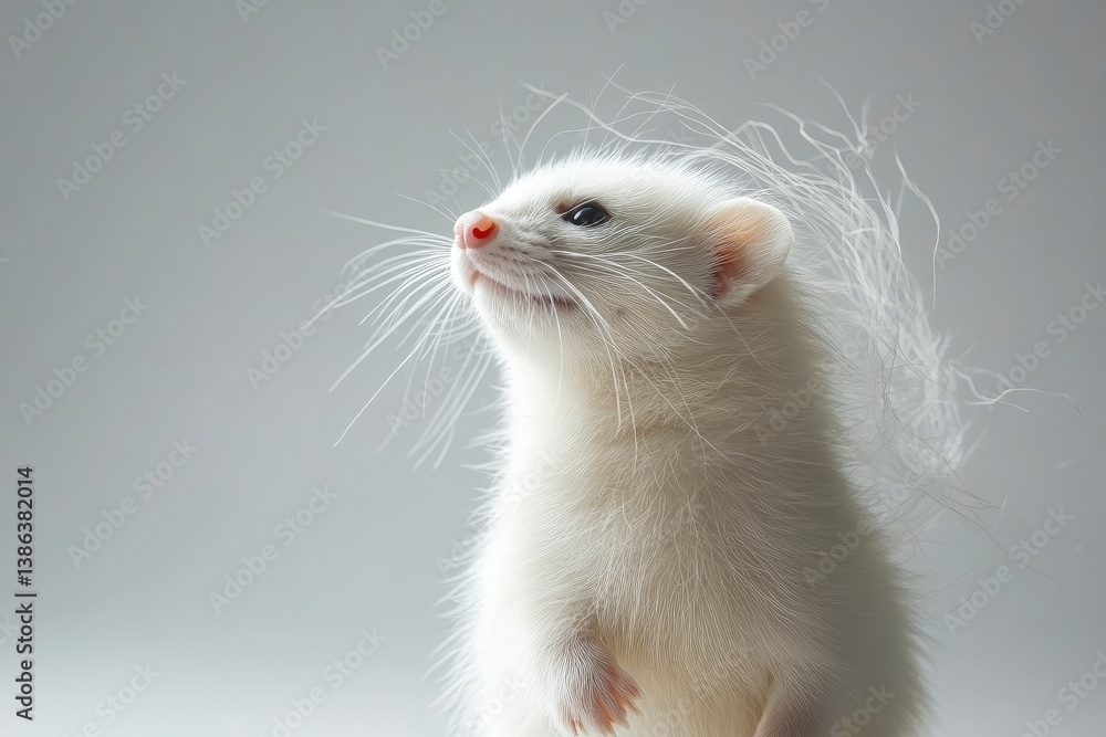Albino Ferret Standing and Looking Upward with Bright White Fur Albino Ferret Standing and Looking Upward with Bright White Fur